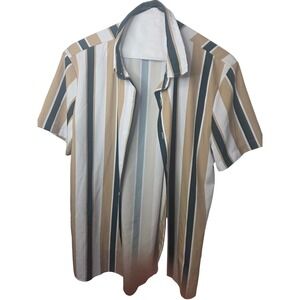 Mens Vertical Stripe Short Sleeve Button Down Shirt Tan White Green Large